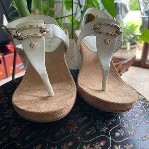 Alex Marie White and Tan Sandals with T-Strap Design. All man made materials.
